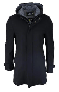 Mens 3/4 Long Overcoat Black Jacket Coat Removable Hood Smart Casual Winter Warm Wool