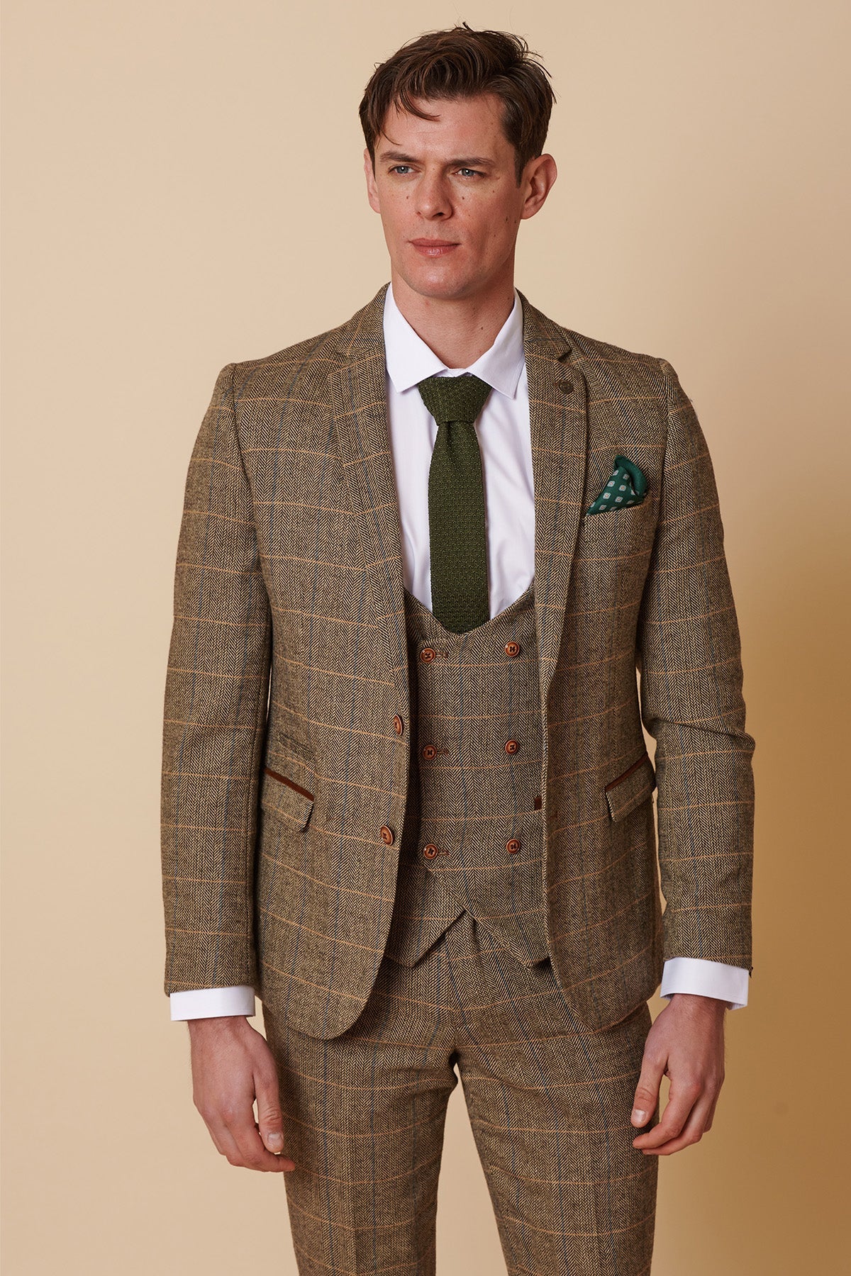 Heren 3-delig visgraat tweed bruin geruit pak, getailleerde pasvorm, dubbele klassieke pasvorm