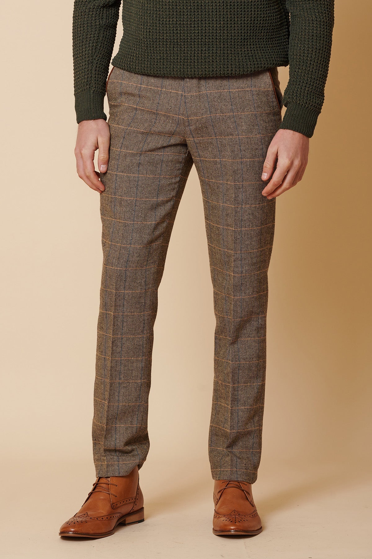 Heren 3-delig visgraat tweed bruin geruit pak, getailleerde pasvorm, dubbele klassieke pasvorm