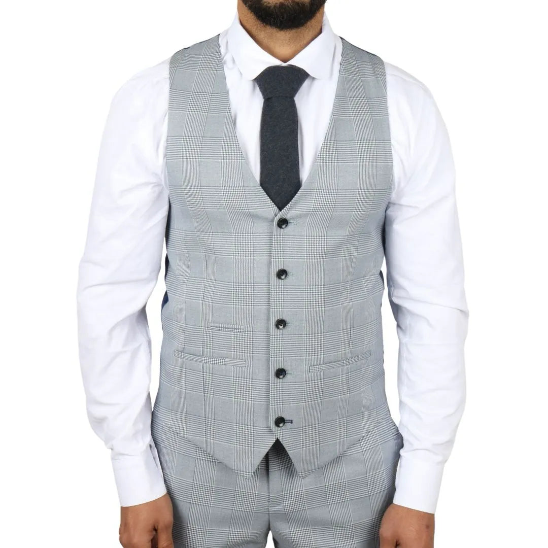 Mark Men's Light Blue 3-Piece Tweed Check Tailored Fit Suit