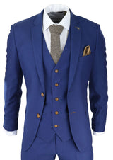 Mens Royal Blue 3 piece Suit Brown Trim Classic Birdseye Vintage Wedding Grooms