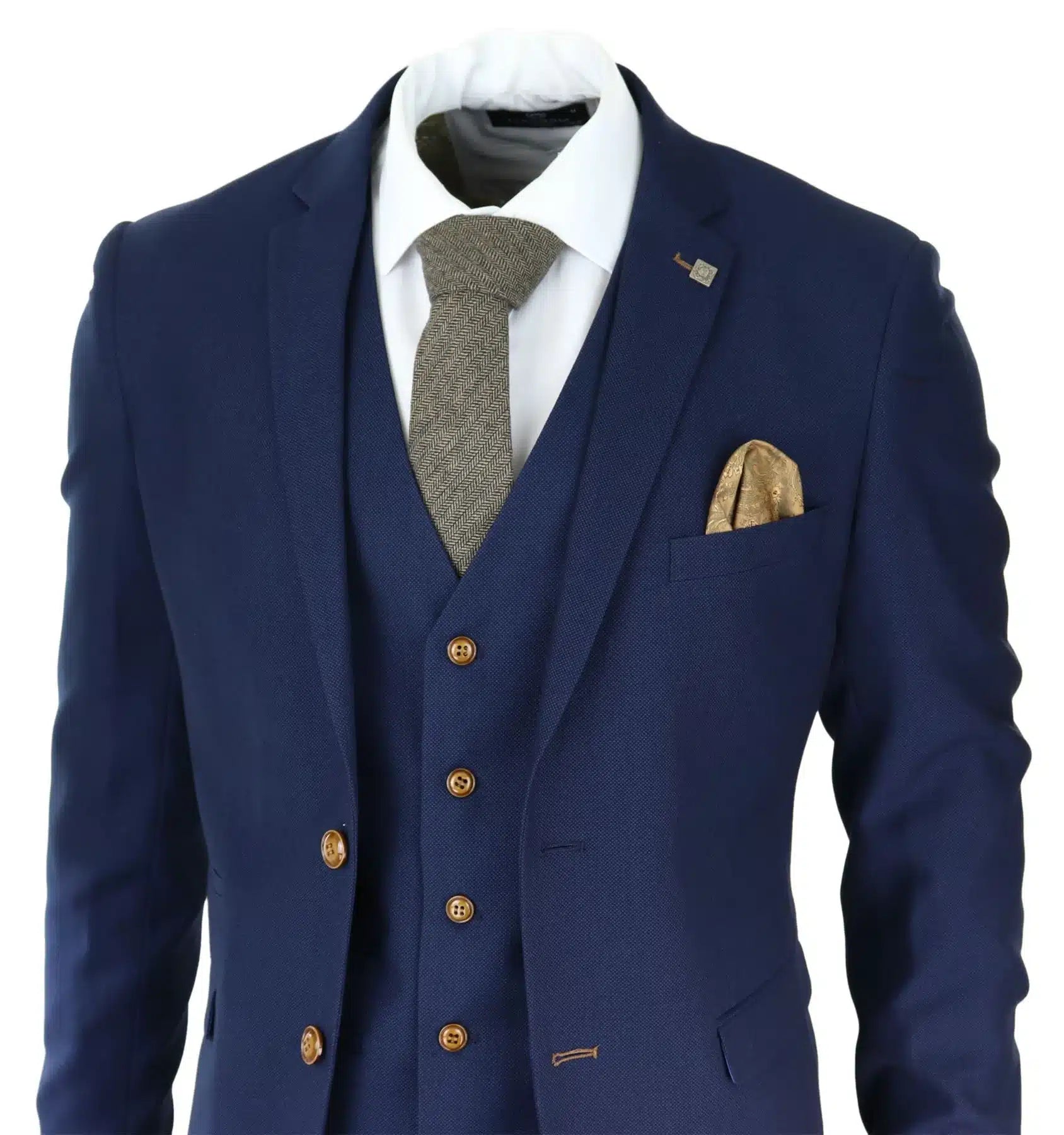 Mens Navy 3 piece Suit Brown Trim Classic Birdseye Vintage Wedding Grooms
