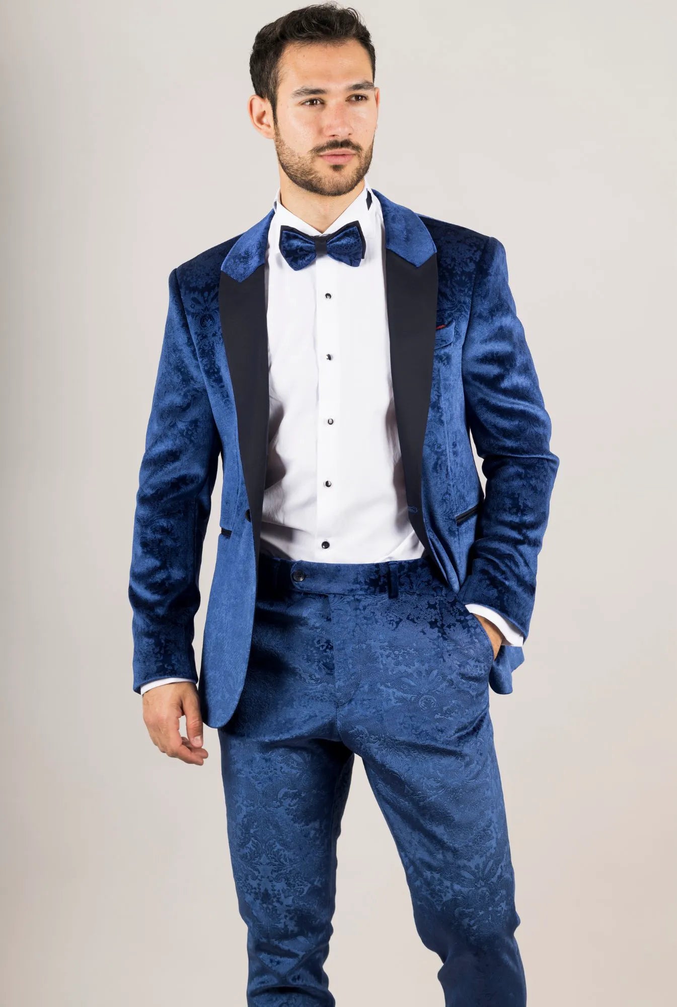 AK-27 Men's Blue 3-Piece Velvet Wedding Tuxedo with Black Satin Lapels