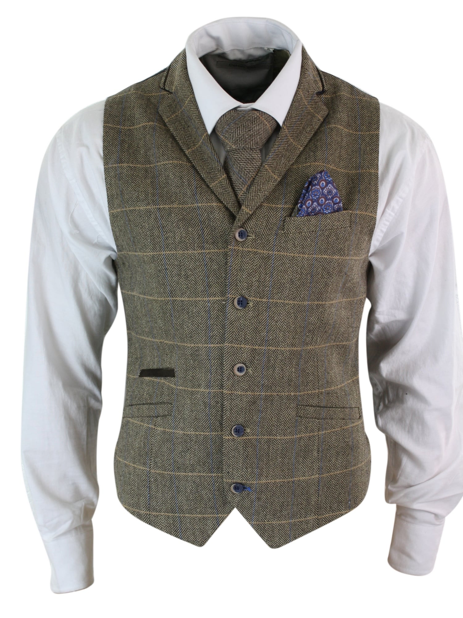 Cavani Albert - Mens Classic Tweed Herringbone Check Brown Grey Slim Fit Vintage Waistcoat Gilet-Tan