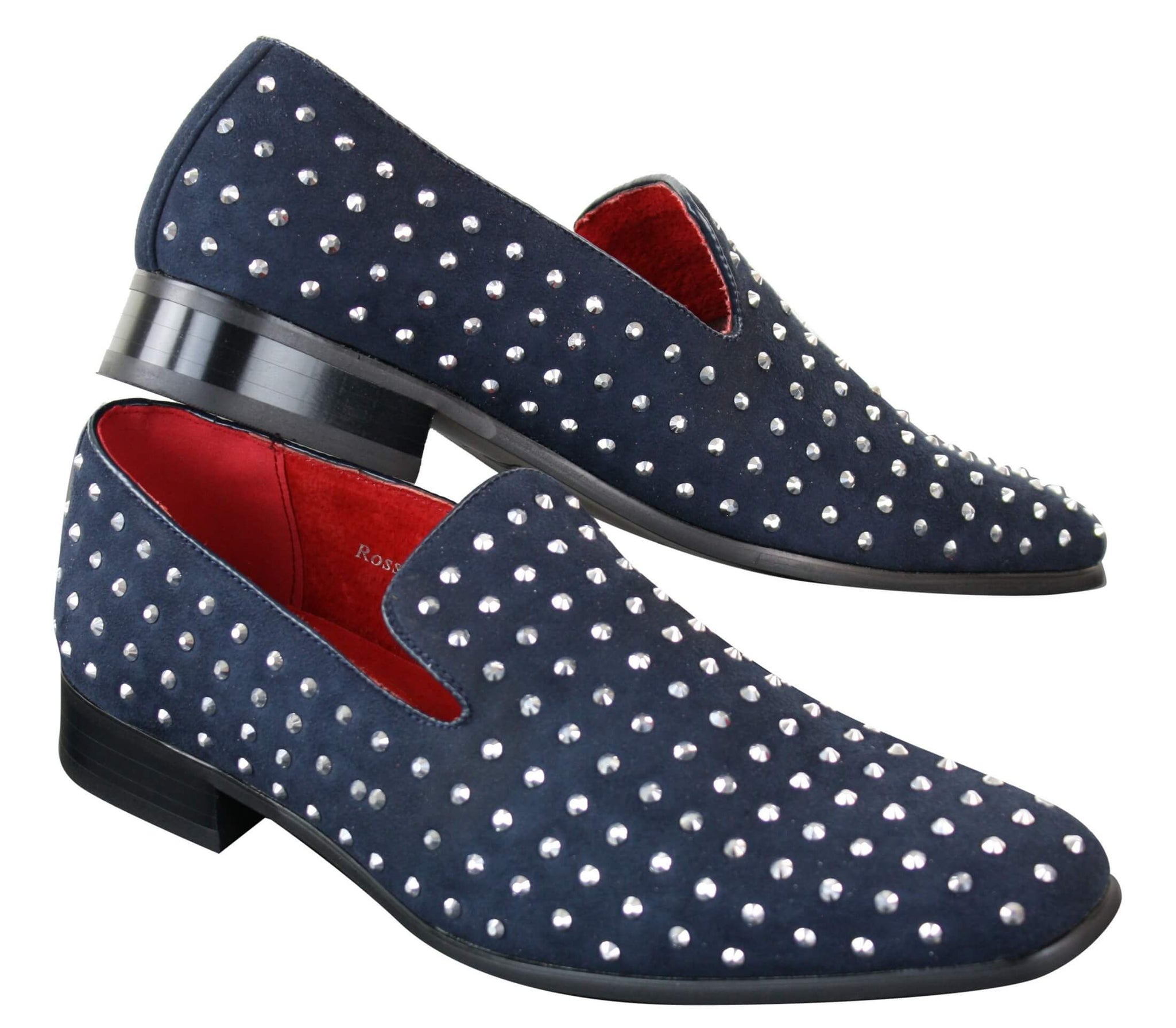 Mens Suede Slip On Loafers Shoes Stud Spikes Silver Smart Casual Shiny Party