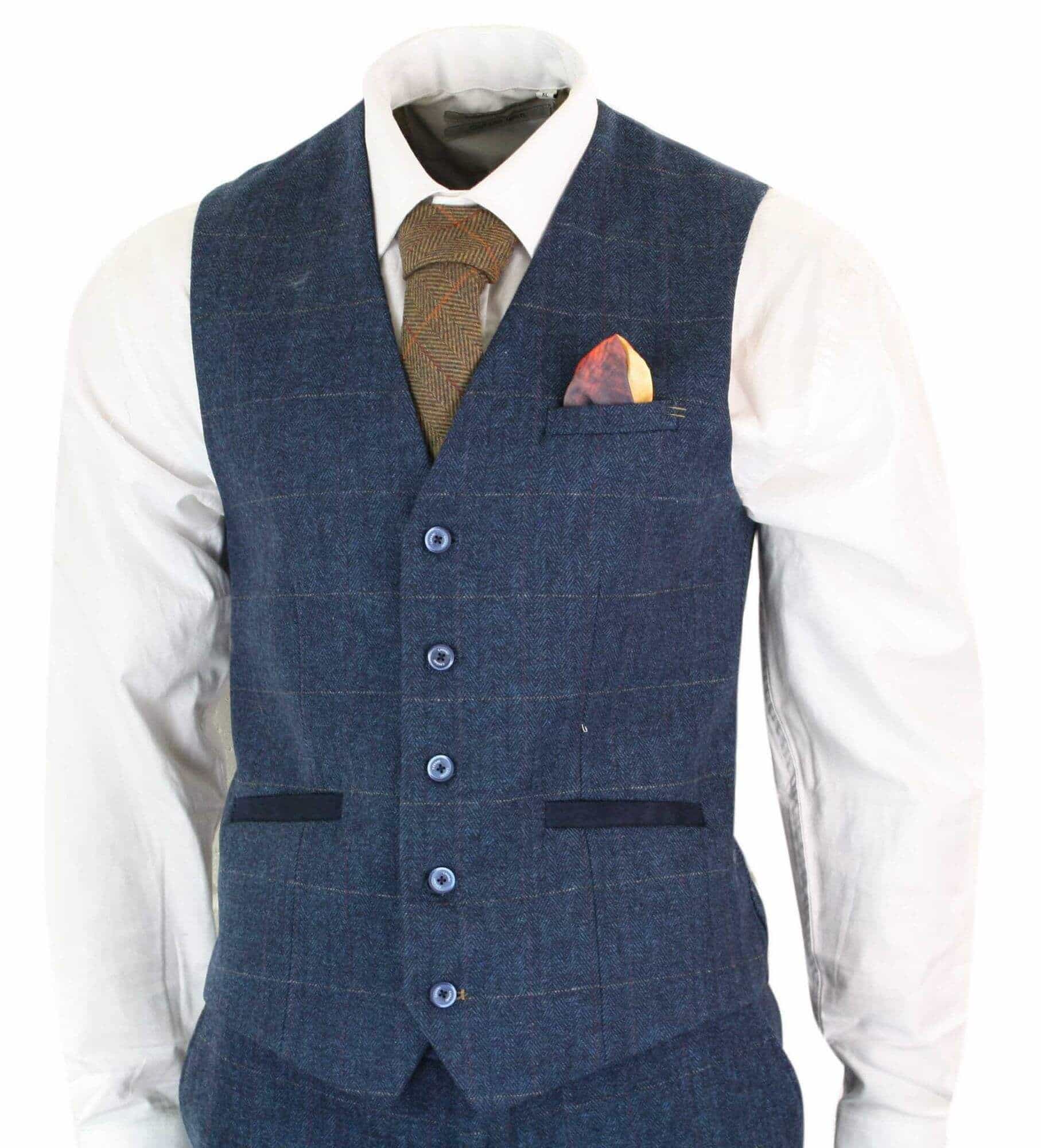 Cavani Carnegi - Mens 3 Piece Navy Blue Tweed Check 1920's Vintage Suit