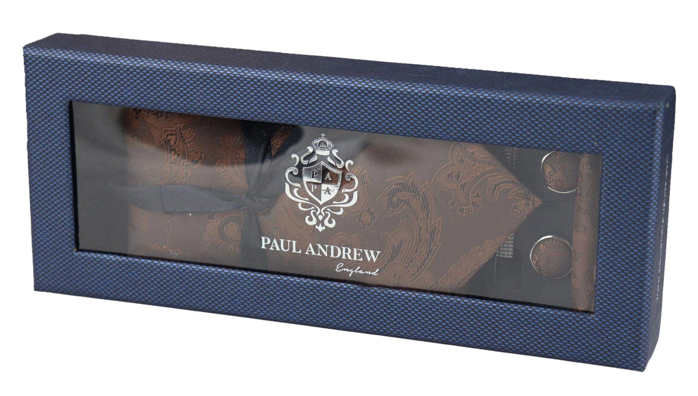 Paisley Neck Brown Tie Gift Set Pocket Square Cuff Links Tie Floral Satin