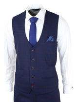 Mens Navy Check 3 Piece Suit Red Edinson Marc Darcy Classic Vintage Wedding