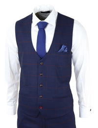 Mens Navy Check 3 Piece Suit Red Edinson Marc Darcy Classic Vintage Wedding