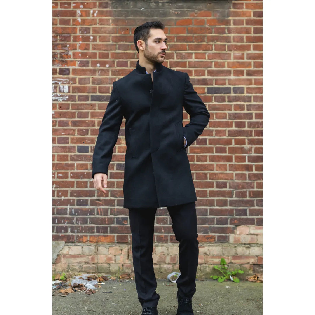 Men's Stand Collar Wool Blend Black Overcoat