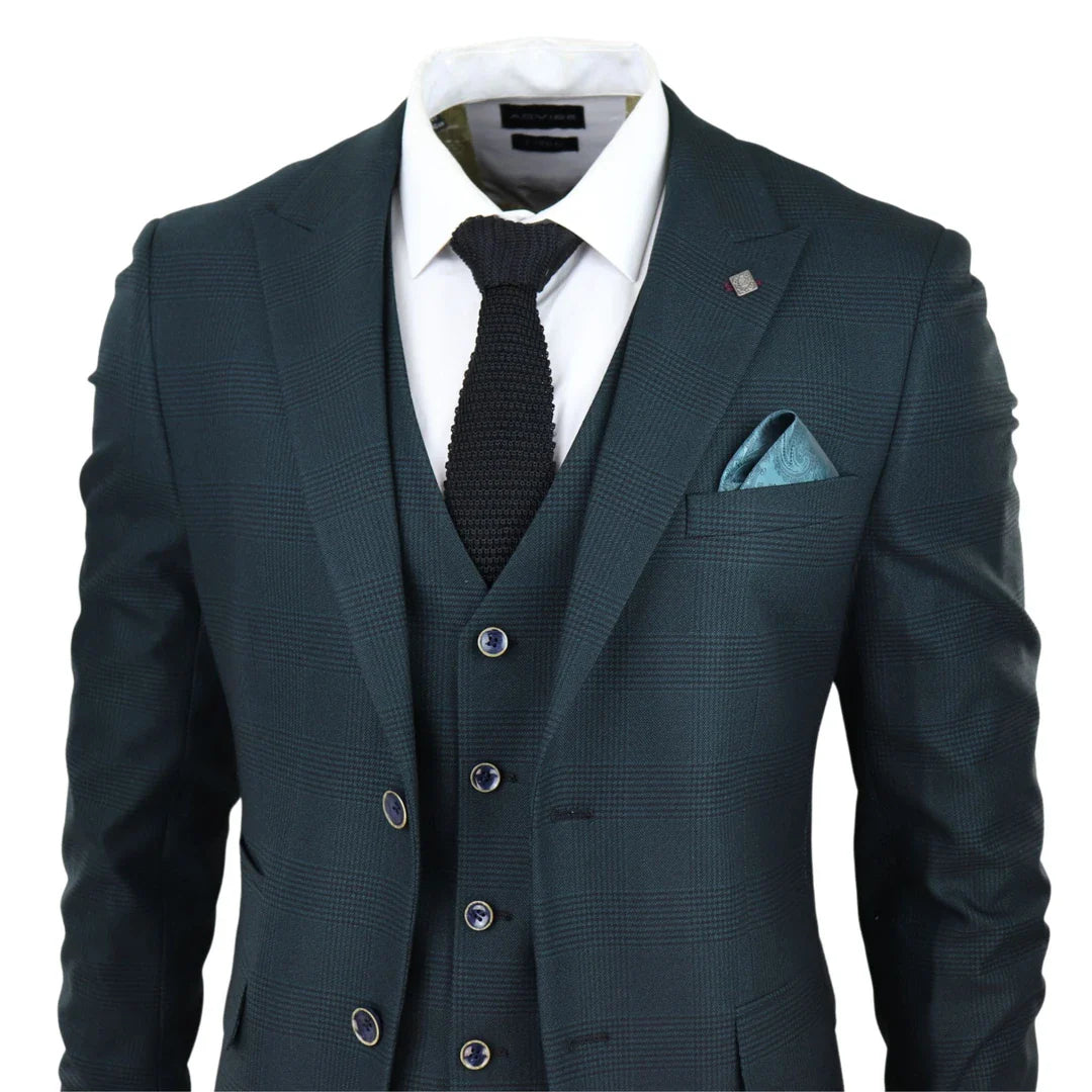 Jasper Men's Olive Green 3-Piece Suit with Prince of Wales Black Check