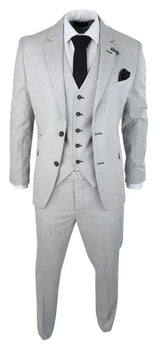 Mens 3 Piece Light Grey Black Check Suit Tailored Fit Retro Vintage Classic Smart