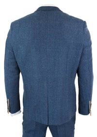 Marc Darcy Dion - Mens Blue Tan Brown 3 Piece Herringbone Tweed Check Vintage Tailored Fit Suit