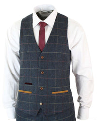 Mens Navy Blue Wine Check Herringbone Tweed Vintage 3 Piece New Marc Darcy Suit