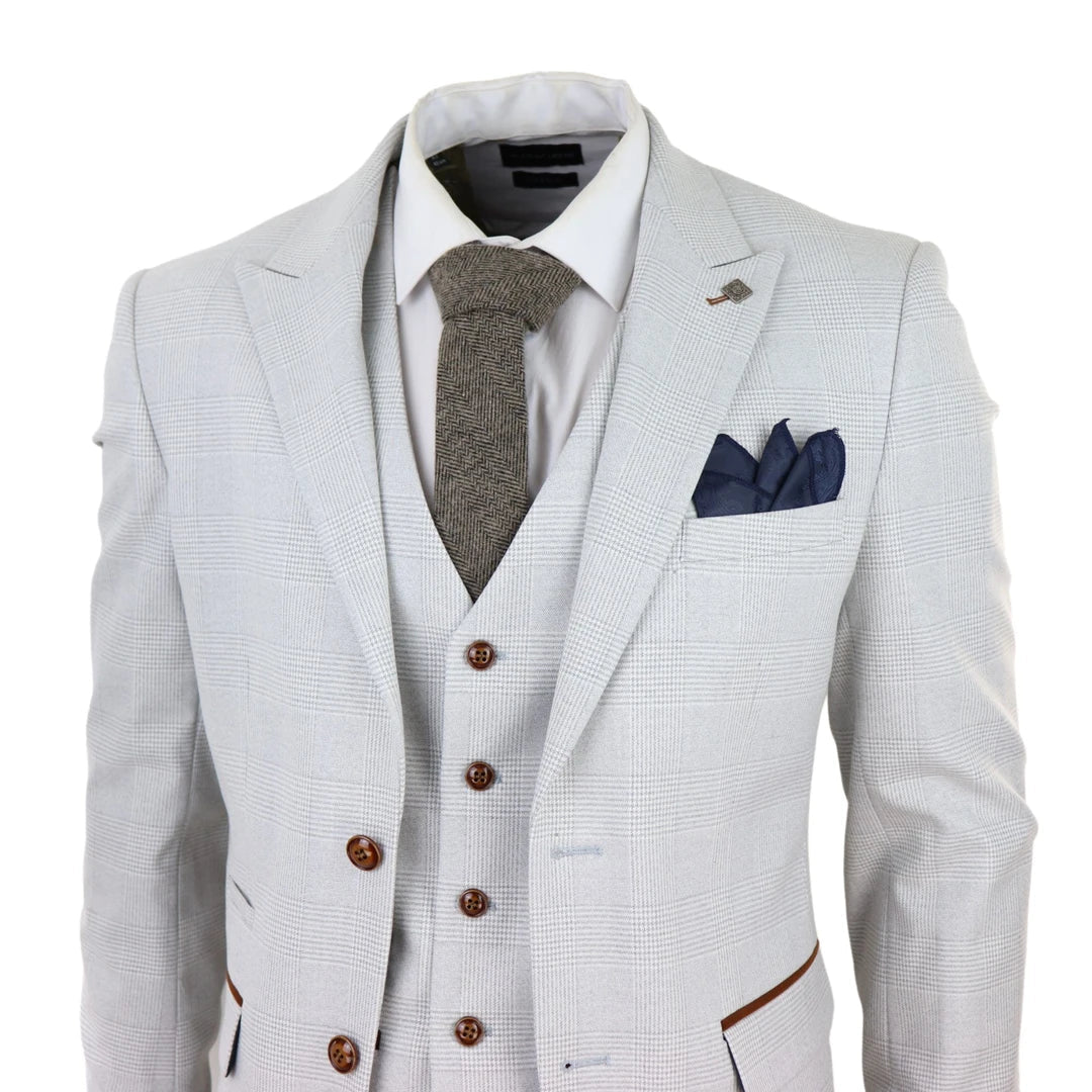 Mark Men's Grey Stone 3-Piece Tweed Check Suit with Brown Trim for Weddings and Proms