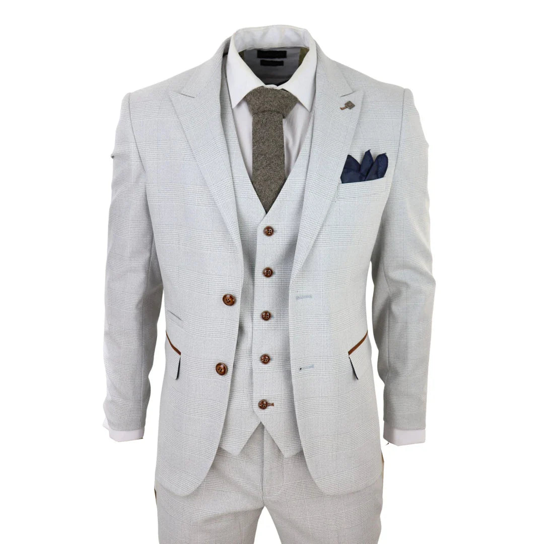 Mark Men's Grey Stone 3-Piece Tweed Check Suit with Brown Trim for Weddings and Proms