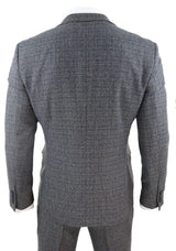 Mens 3 Piece Tweed Check Suit - Navy Blue