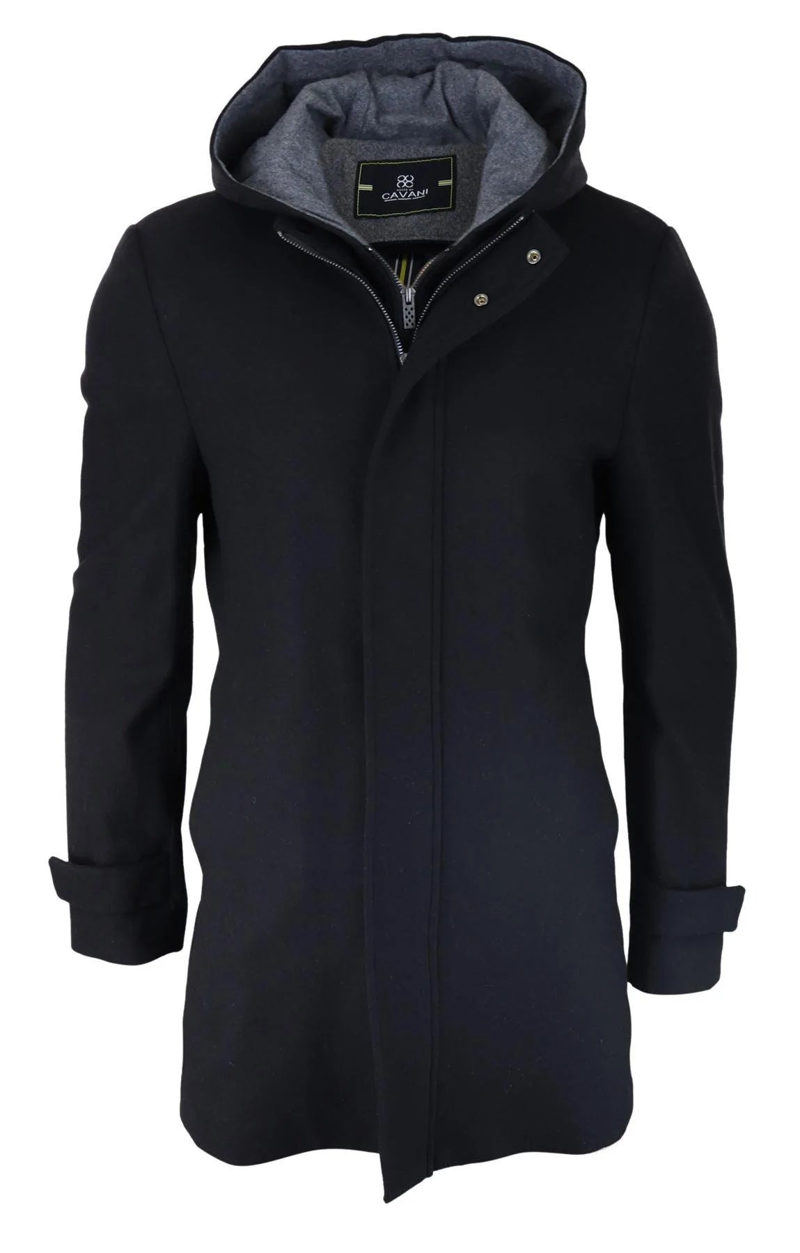 Mens 3/4 Long Overcoat Black Jacket Coat Removable Hood Smart Casual Winter Warm Wool