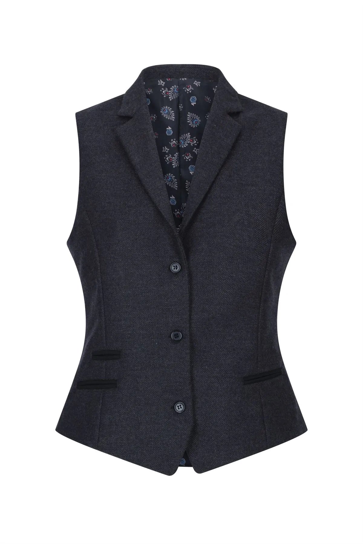Women Black Waistcoat Tweed Herringbone Wool Classic Smart Casual Vintage 1920s